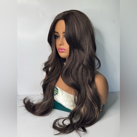 Long Wavy Brown Wig with Highlights – Natural Looking Heat Resistant Synthetic - Picture 6 of 11